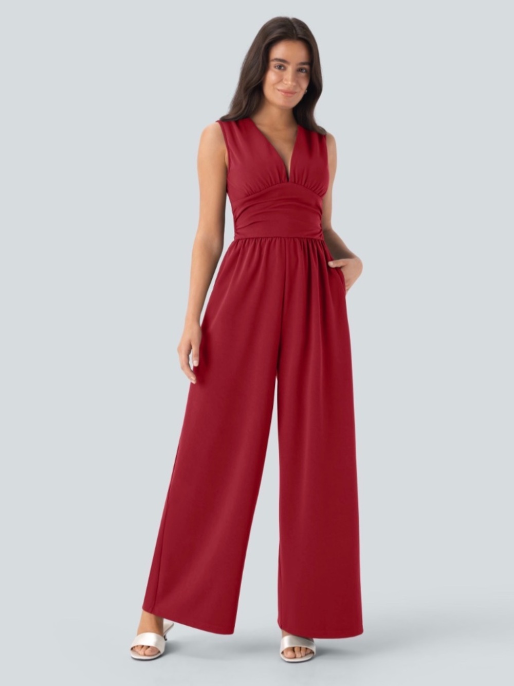 NWOT Halara V Neck Sleeveless Ruched Pocket Jumpsuit-Easy Peezy M S34